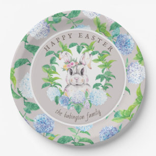 Elegant Bunny Floral Wreath Easter Family Name Paper Plate