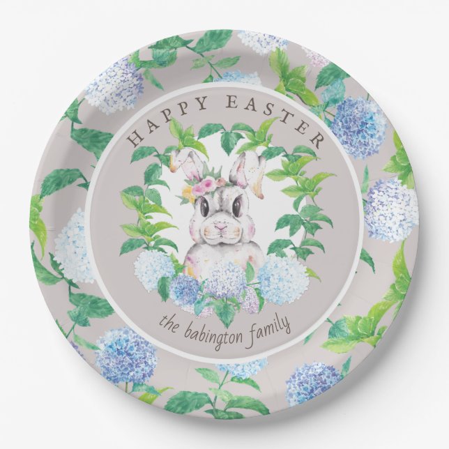 Elegant Bunny Floral Wreath Easter Family Name Paper Plate (Front)