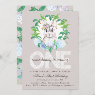 Elegant Bunny Floral Wreath First Birthday Invitation
