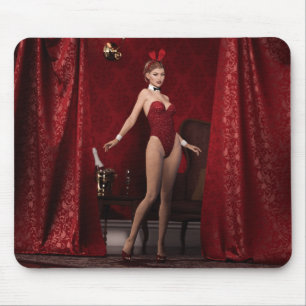 Elegant Bunny Girl on Red Velvet Curtain Mouse Pad