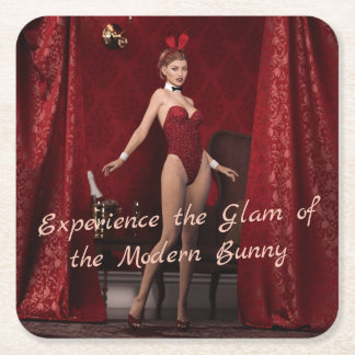 Elegant Bunny Girl on Red Velvet Curtain Square Paper Coaster
