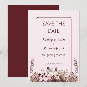  Elegant Burgandy Dusty Rose Floral Save the Date Invitation
