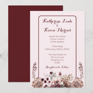  Elegant Burgandy Dusty Rose Floral Wedding  Invitation