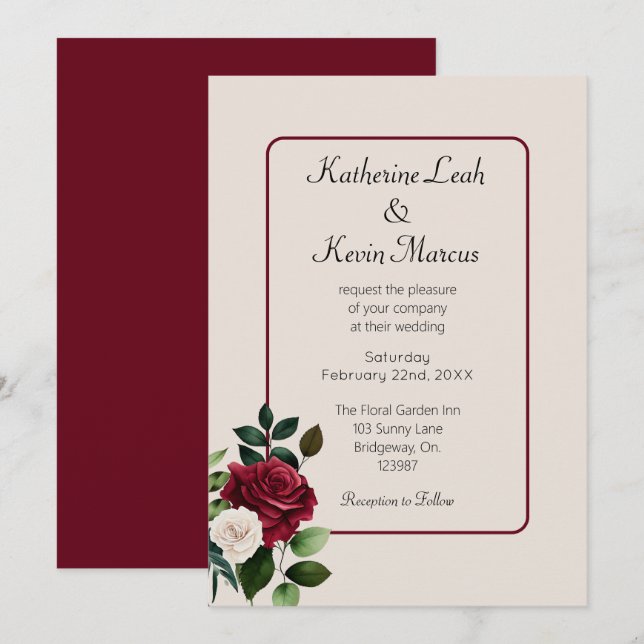 Elegant Burgandy Green Cream Floral Wedding Invitation (Front/Back)