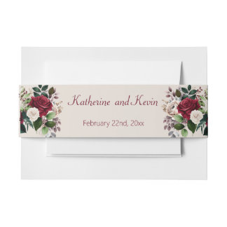 Elegant Burgandy Green Cream Floral Wedding Invitation Belly Band
