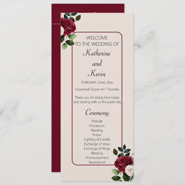 Elegant Burgandy Ivory  Cream Floral Wedding Program (Front/Back)