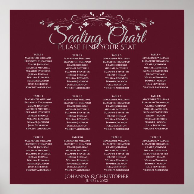 Elegant Burgundy 12 Table Wedding Seating Chart (Front)