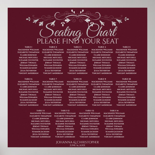 Elegant Burgundy 14 Table Wedding Seating Chart (Front)