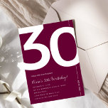 Elegant Burgundy 30th Birthday Party Invitation<br><div class="desc">Celebrate turning thirty in sophisticated style with this Elegant Burgundy 30th Birthday Invitation Designed with a rich burgundy colour palette and a clean, modern layout, this invitation is perfect for a classy milestone celebration. Whether you're planning an intimate dinner, cocktail party, or glamourous birthday event, this design sets the tone...</div>
