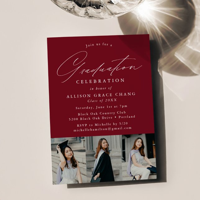 Elegant Burgundy 3 Photo Graduation Party Invitation (Creator Uploaded)