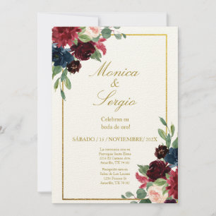 Elegant Burgundy 50th Wedding in Spanish Invitation