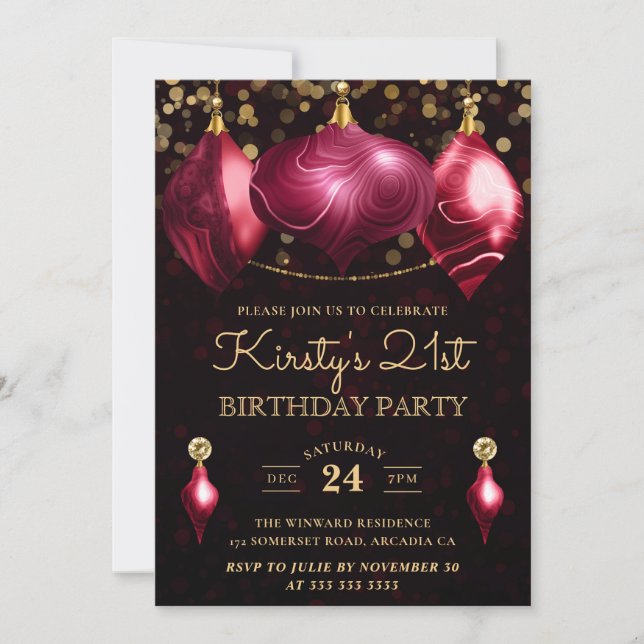 Elegant Burgundy Agate Baubles 21st Birthday Invitation (Front)