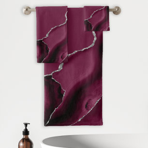 Elegant Burgundy Agate Geode Silver Glitter Bath Towel Set