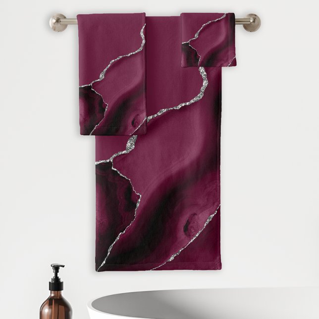 Elegant Burgundy Agate Geode Silver Glitter Bath Towel Set (Creator Uploaded)