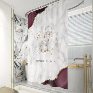 Elegant Burgundy Agate Gold Marble Wedding Shower Curtain