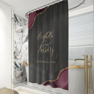 Elegant Burgundy Agate Gold Newlywed Names Wedding Shower Curtain