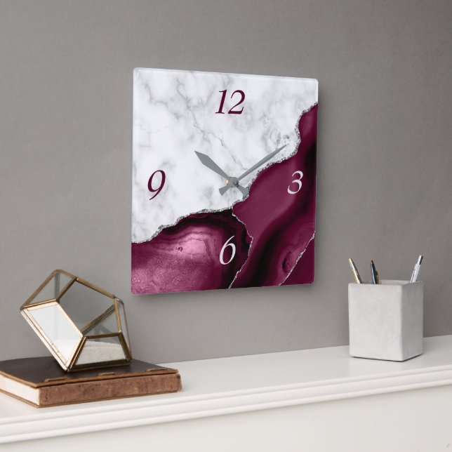 Elegant Burgundy Agate Silver Glitter Marble Square Wall Clock (Office)
