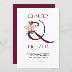 Elegant burgundy ampersand and pink flower wedding invitation