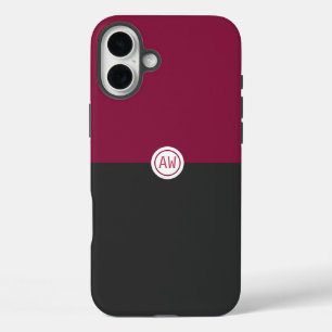 Elegant Burgundy and Black Monogram iPhone 16 Plus Case