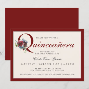 Elegant Burgundy and Blue Floral Quinceanera Party Invitation