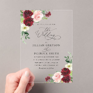 elegant burgundy and blush floral wedding acrylic invitations