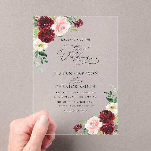elegant burgundy and blush floral wedding acrylic invitations (Insitu (Handheld))