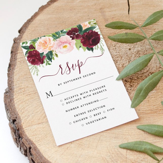 Elegant Burgundy and Blush Floral Wedding RSVP Card (Creator Uploaded)