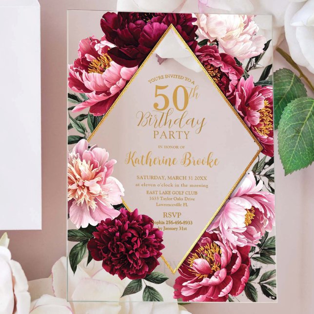 Elegant Burgundy and Blush Peony Floral Birthday Acrylic Invitations (Creator Uploaded)