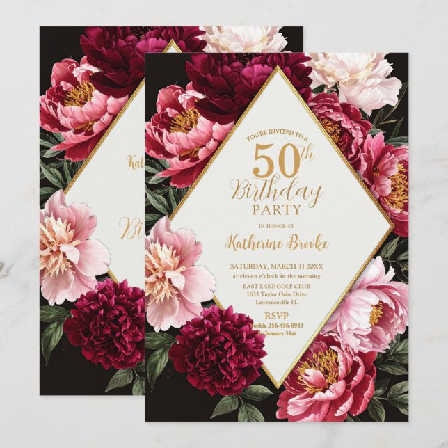 Elegant Burgundy and Blush Peony Floral Birthday Invitation (Front/Back)