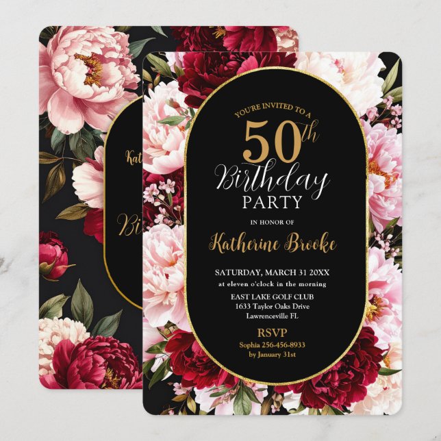 Elegant Burgundy and Blush Peony Floral Birthday Invitation (Front/Back)