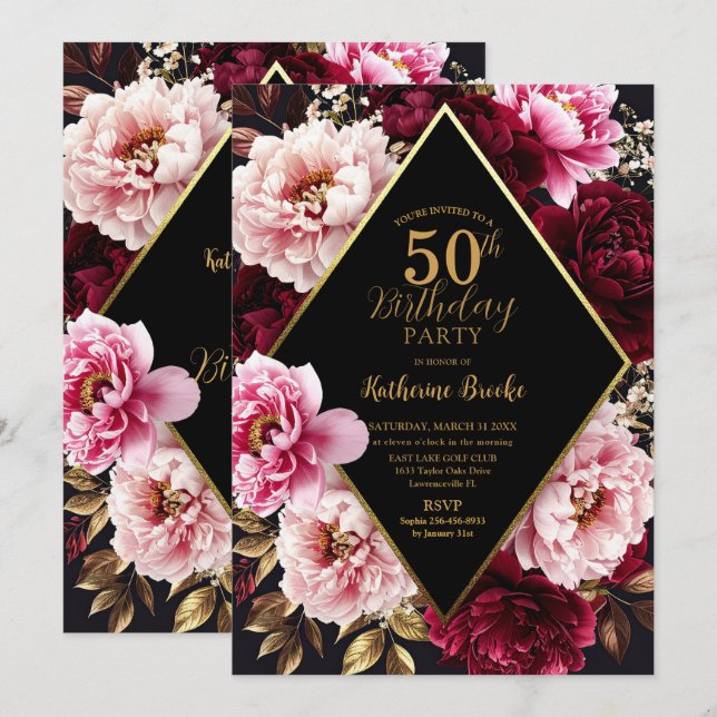 Elegant Burgundy and Blush Peony Floral Birthday Invitation (Front/Back)