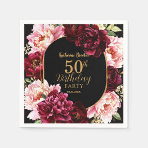 Elegant Burgundy and Blush Peony Floral Birthday Napkin