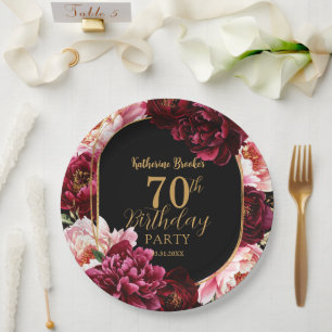 Elegant Burgundy and Blush Peony Floral Birthday Paper Plate