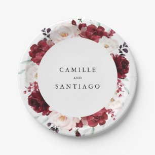 Elegant Burgundy and Blush Pink Floral Wedding Paper Plate