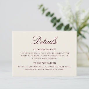 Elegant Burgundy and Cream Classic Wedding Details Enclosure Card