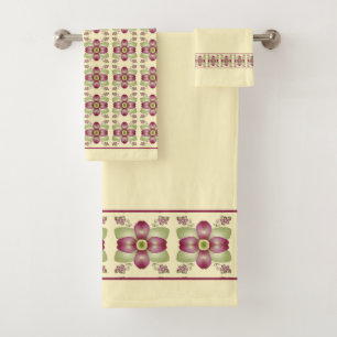 Elegant Burgundy And Cream Floral Bath Towel Set