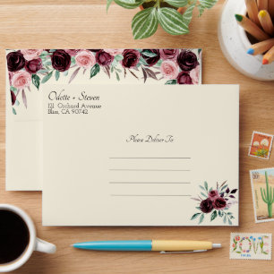 Elegant Burgundy and Cream Floral Wedding Envelope