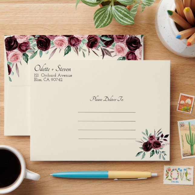 Elegant Burgundy and Cream Floral Wedding Envelope (Desk)