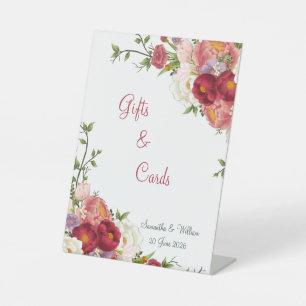 Elegant Burgundy and Crimson Blush Floral Wedding Pedestal Sign