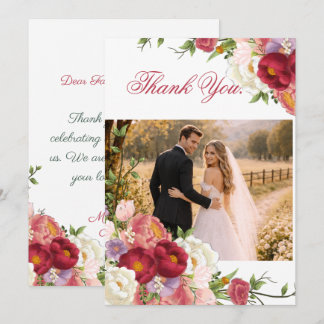 Elegant Burgundy and Crimson Blush Floral Wedding  Thank You Card