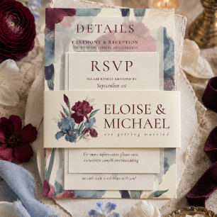 Elegant Burgundy and Dusty Blue Floral Wedding Invitation Belly Band