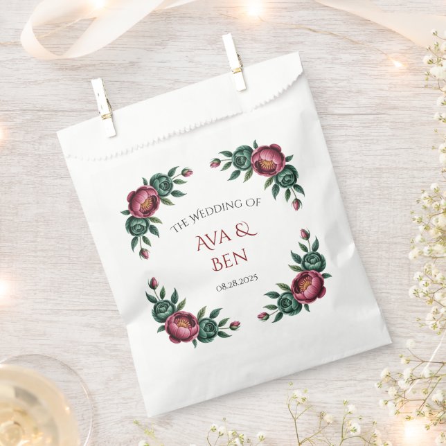Elegant Burgundy and Emerald Peony Wedding Favour Bag (Clipped)