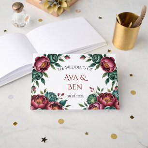 Elegant Burgundy and Emerald Peony Wedding Guest Book