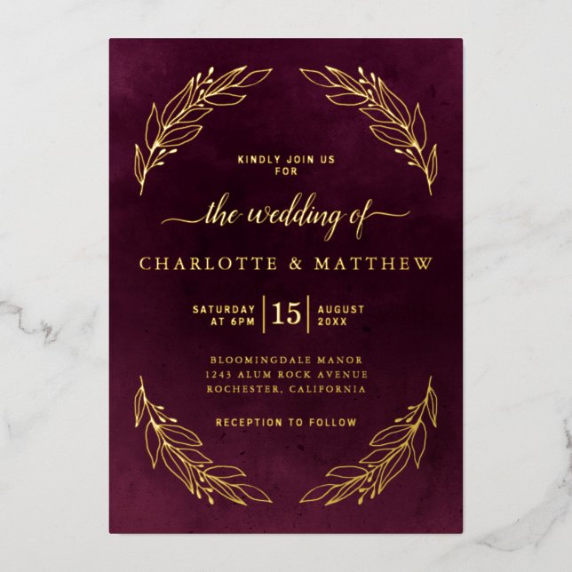 Elegant Burgundy and Gold Botanical Wedding (Front)