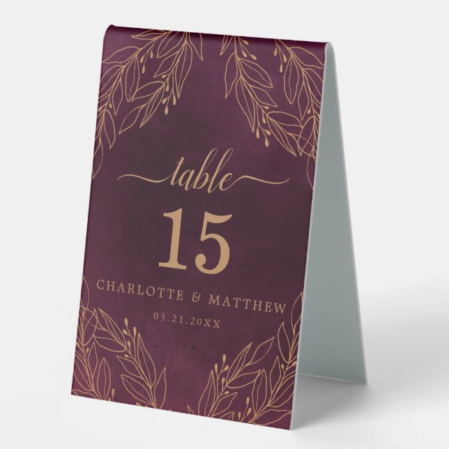 Elegant Burgundy and Gold Botanical Wedding Number (Front)