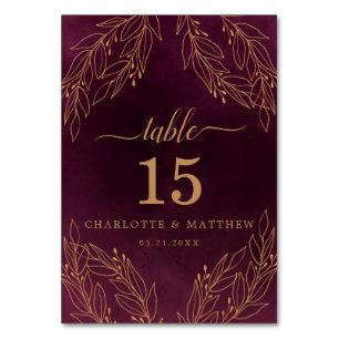 Elegant Burgundy and Gold Botanical Wedding Table Number