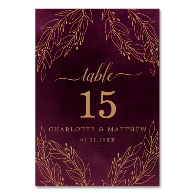 Elegant Burgundy and Gold Botanical Wedding Table Number (Front)