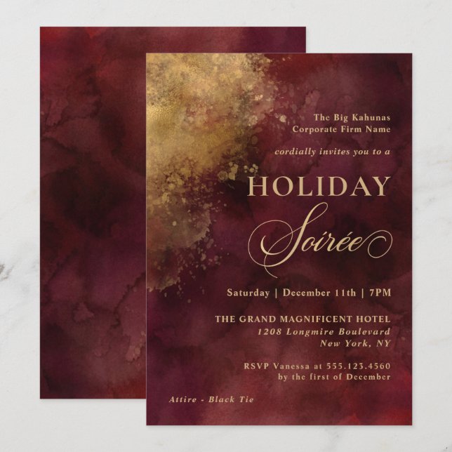 Elegant Burgundy and Gold Corporate Holiday Party Invitation (Front/Back)