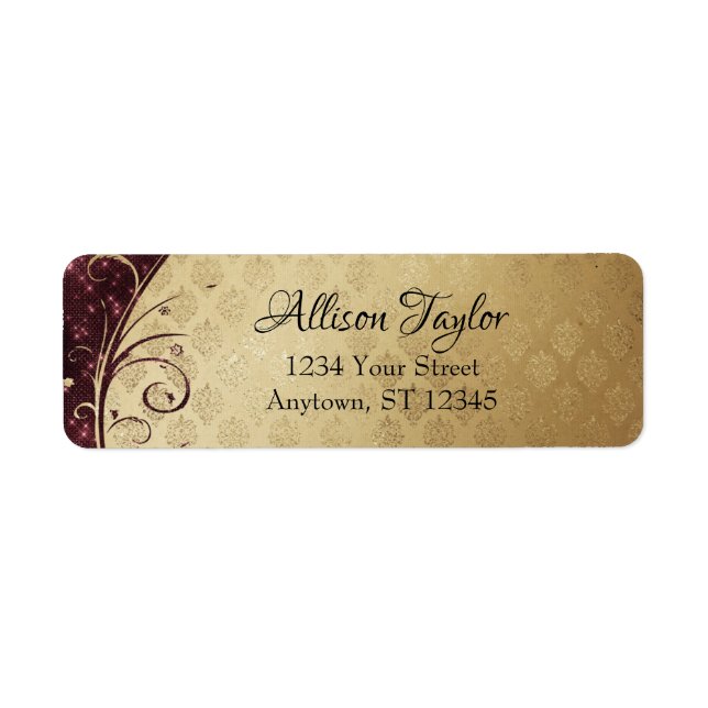 Elegant Burgundy and Gold Damask Return Address Label (Front)