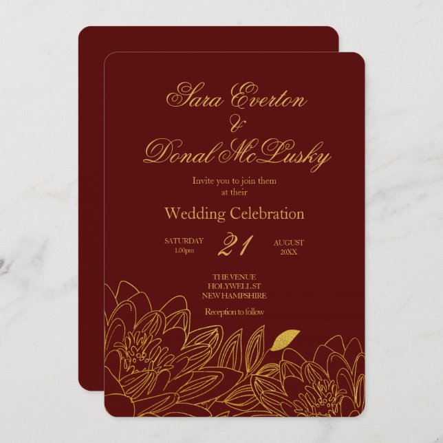 Elegant Burgundy and Gold Floral Autumn Wedding Invitation (Front/Back)